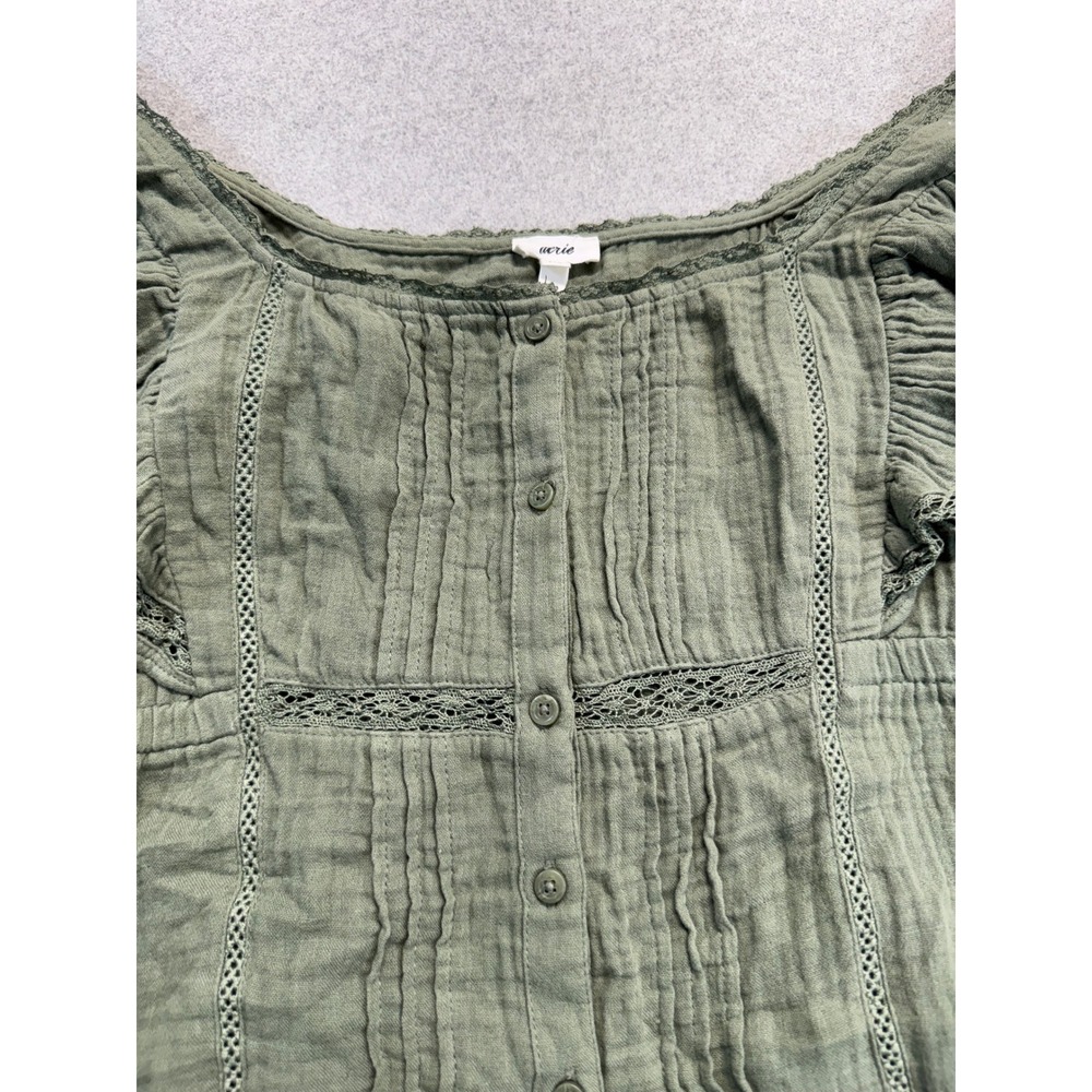 Aerie Olive Green Gauze Crop Top Womens Large Boho Cottagecore Flutter Sleeve - Picture 4 of 9